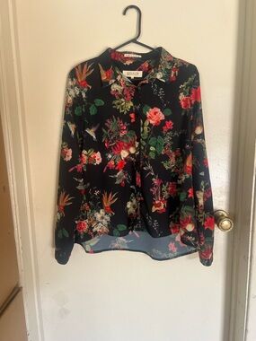 Revelation Black Floral Button-Up Shirt with Red & Green Blooms